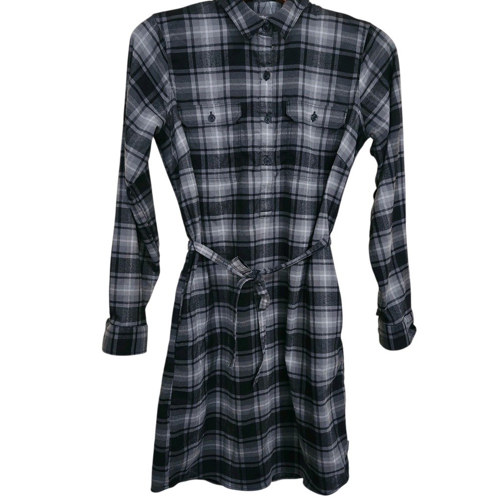 Eddie Bauer Flannel Shirt Dress Black Gray Plaid Belt‎ Long Sleeve Folklore Sz 6